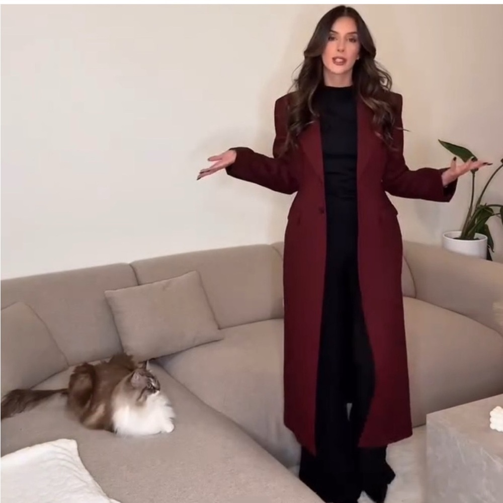 Zara Burgundy Long Coat Size Small - Picture 11 of 16